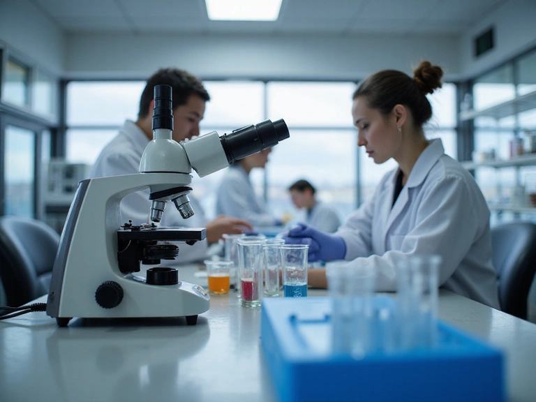 Szczegółowy widok na proces kontroli jakości w nowoczesnym laboratorium, z naukowcami w tle i zaawansowanym sprzętem